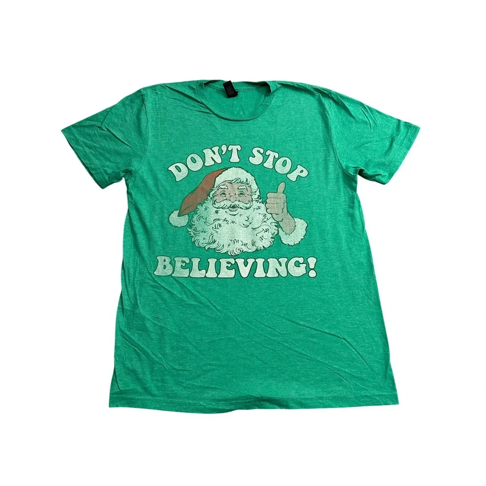 Vintage T-Shirt Mens Medium Green Excellent Santa Don't Stop Believing‎ Graphic